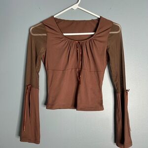 Brown flare sleeve retro boho top woman's‎ small Y2K